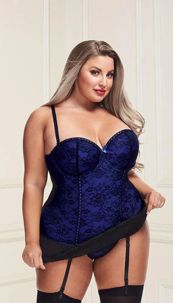 Underwire Bustier Set with Lace Overlay and Contoured Waist-Boning