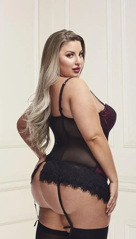 Underwire Bustier Set with Lace Overlay and Contoured Waist-Boning