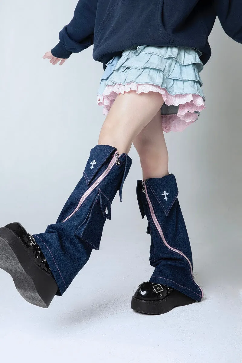 Zipper denim leg warmers