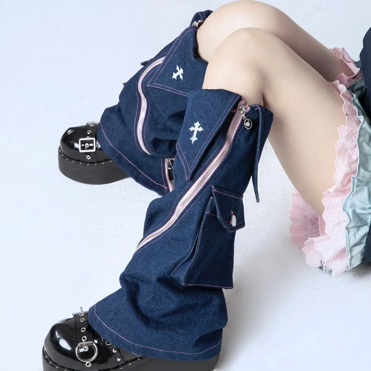 Zipper denim leg warmers