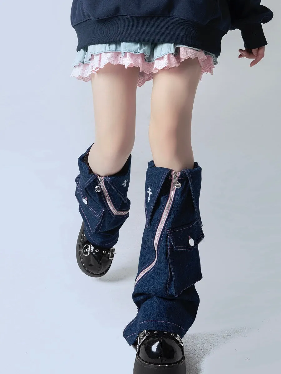Zipper denim leg warmers