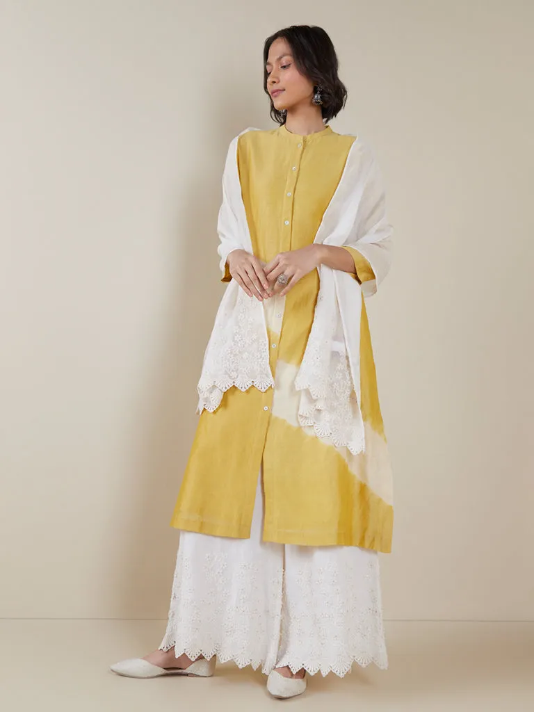 Zuba Off-White Silk Blend Embroidered Cotton Blend Stole